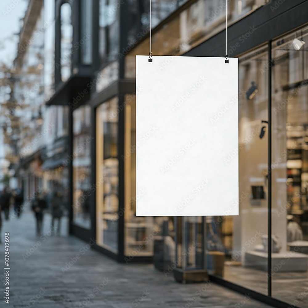 Blank White Sign Hanging in Front of a Storefront Blank White Sign Hanging in Front of a Storefront
