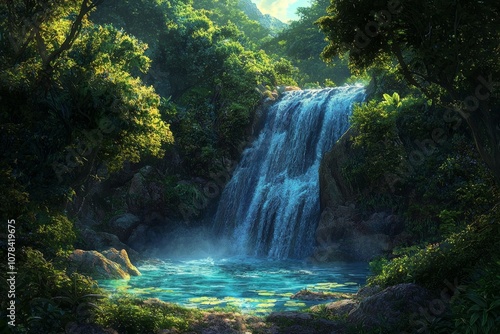 A beautiful waterfall in the jungle, with blue water and green trees, creating a fantasy landscape.