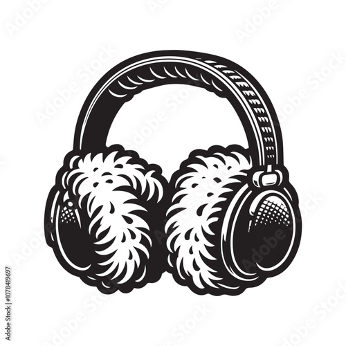 Cozy Winter Listening: Furry Headphones for Warmth and Sound. A monochrome illustration of headphones with thick, furry earmuffs, perfect for staying warm while enjoying music in cold weather.