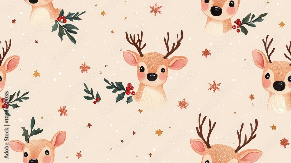 Delicate Christmas pattern with cute reindeer faces in festive bells, surrounded by holly, stars, and mistletoe, all in soft, repeating design on light pink background. Delicate Christmas pattern with cute reindeer faces in festive bells, surrounded by holly, stars, and mistletoe, all in soft, repeating design on light pink background.