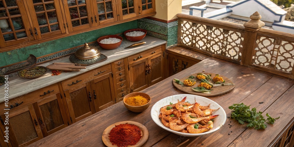 Architectural Photography of a Vibrant Indian Kitchen Featuring Spiced Prawns on a Rustic Wooden Table Surrounded by Traditional Indian Decor and Spices Architectural Photography of a Vibrant Indian Kitchen Featuring Spiced Prawns on a Rustic Wooden Table Surrounded by Traditional Indian Decor and Spices