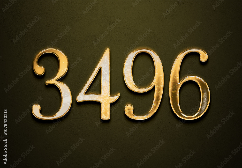 Old gold effect of 3496 number with 3D glossy style Mockup. Old gold effect of 3496 number with 3D glossy style Mockup.