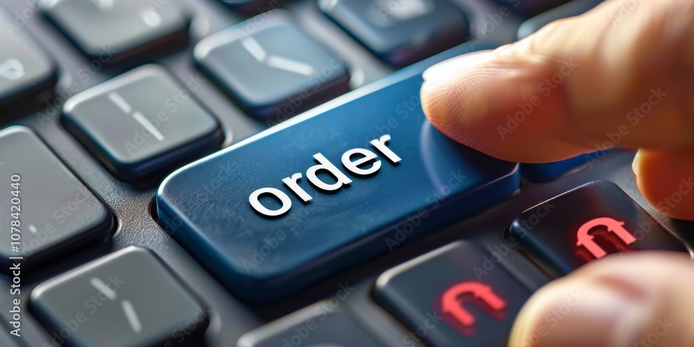 Close-Up of Hand Clicking Keyboard Button for Online Shopping and E-commerce Success Close-Up of Hand Clicking Keyboard Button for Online Shopping and E-commerce Success