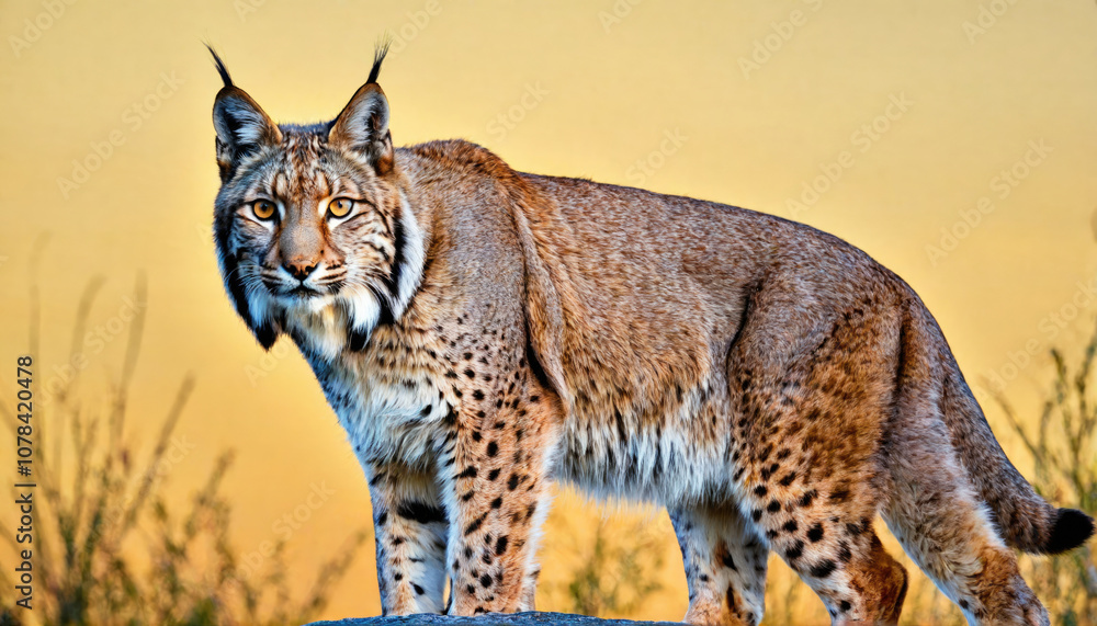 Fototapeta premium A lynx stands in a field of tall grass, looking directly at the camera with intense yellow eyes