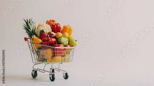 Side profile of a grocery cart full of vibrant produce and everyday goods, isolated on a clean white background.