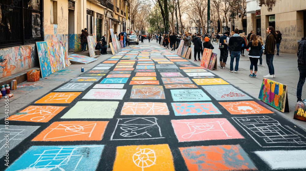 Obraz premium Street art festival with colorful chalk drawings on asphalt, surrounded by spectators and graffiti-covered walls in an urban setting