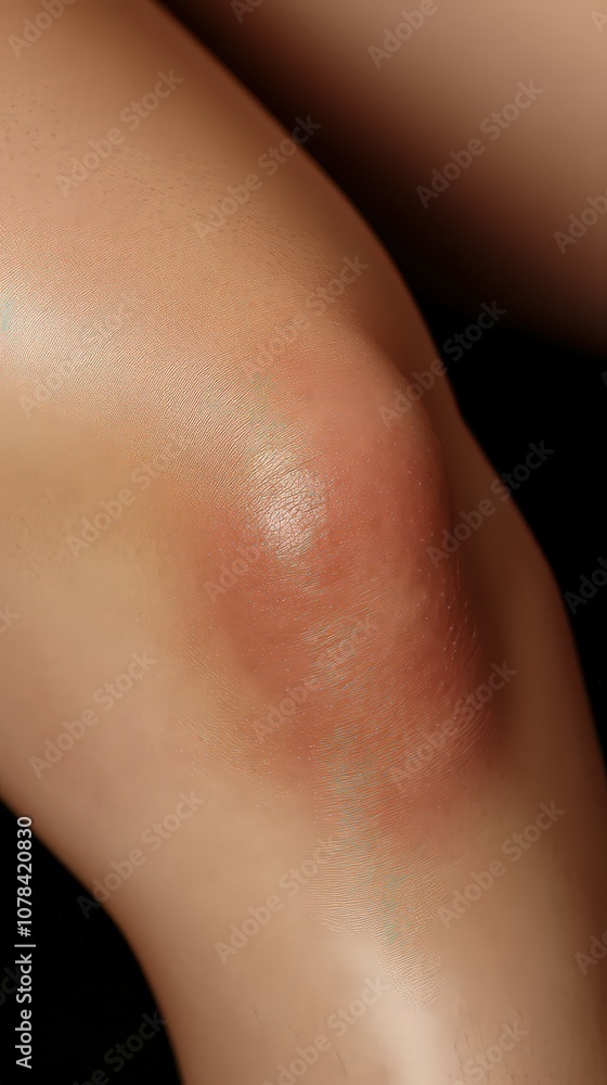 Close-up of bare knee with slight redness, focusing on skin detail and human anatomy, possibly implying injury or health focus. Close-up of bare knee with slight redness, focusing on skin detail and human anatomy, possibly implying injury or health focus.