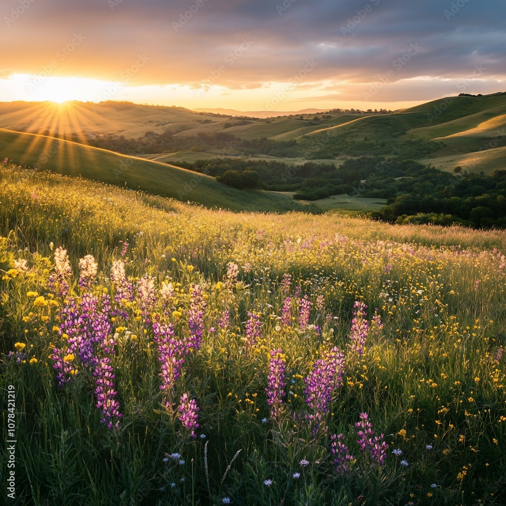 Obraz premium A vibrant meadow with purple wildflowers in bloom basks in the warm glow of a setting sun, casting long shadows over the rolling hills.