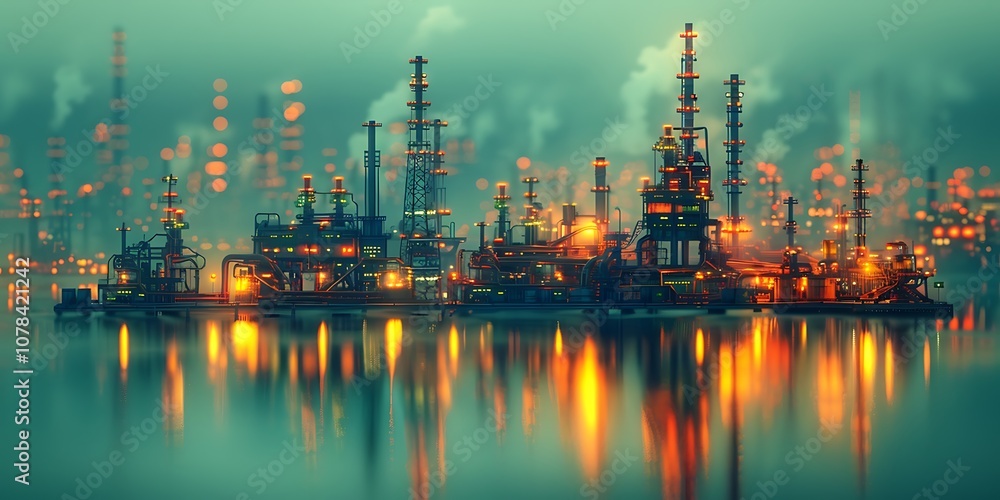Oil refinery at night with reflection in the water. Digital Painting Oil refinery at night with reflection in the water. Digital Painting
