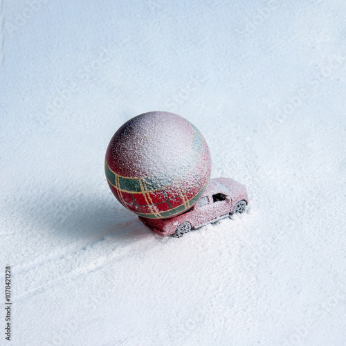 A miniature red car transports a large festive Christmas ornament across a snowy setting, creating a whimsical holiday scene filled with charm and creativity.