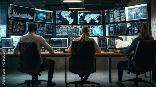 Three people in a control room monitoring multiple computer screens displaying data visualizations and maps, wearing headsets while analyzing information