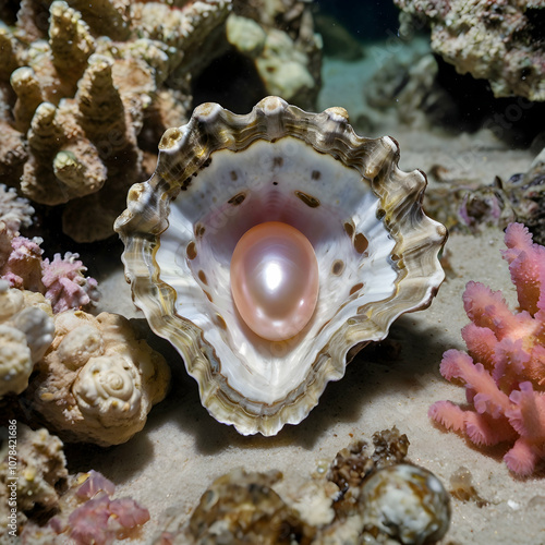 A vintage-style image of a sizable, pink-tinged pearl resting inside an opened oyster, nestled among the corals of a reef. The pearl gleams softly, while the shell reveals its beauty. The diverse cora photo