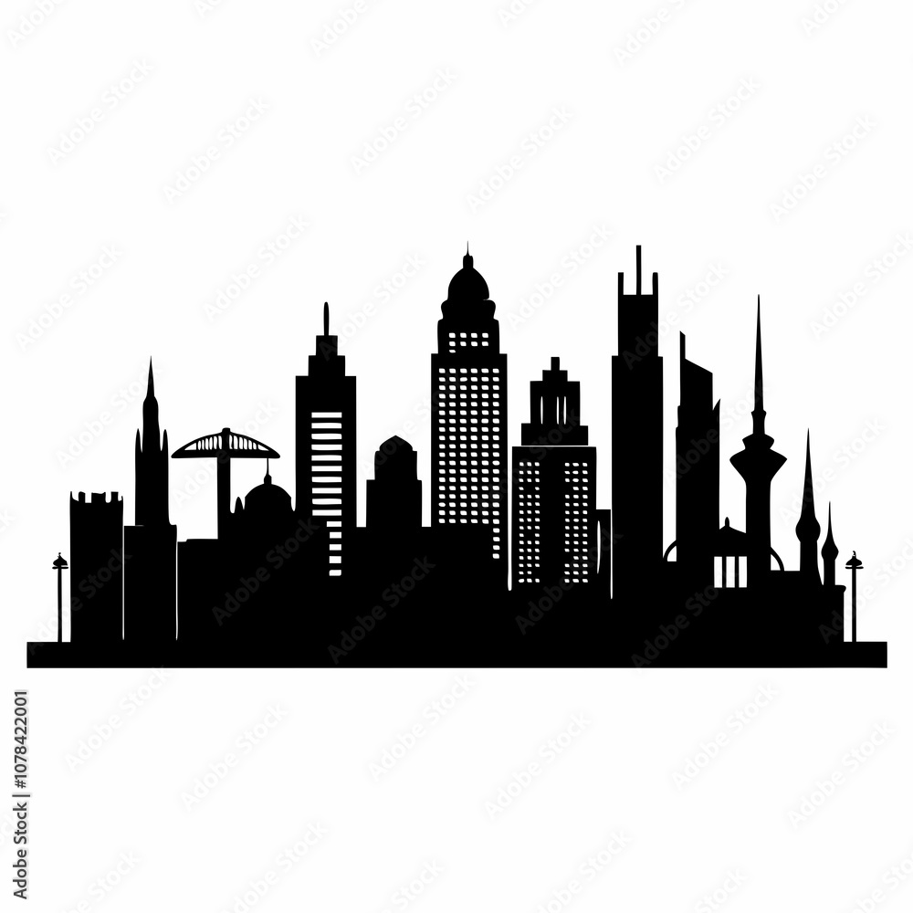 Naklejka premium City Skyline Silhouette Vector Collection – Global Urban Landscape Icons for Travel and Architecture Designs