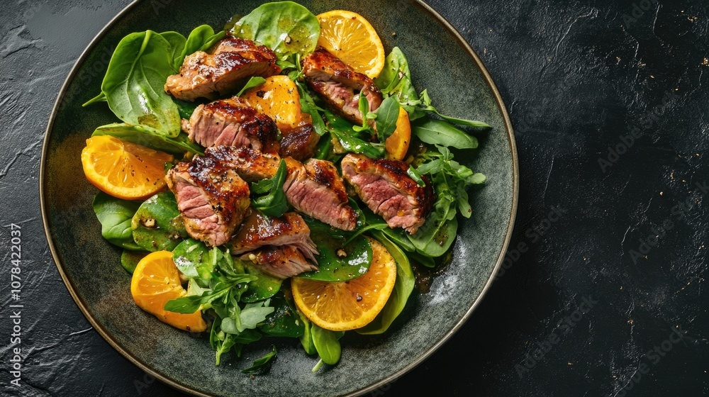 A delicious and balanced meal of steak stir-fried on a bed of fresh salad greens, garnished with slices of orange. A healthy, protein-rich option. A delicious and balanced meal of steak stir-fried on a bed of fresh salad greens, garnished with slices of orange. A healthy, protein-rich option.