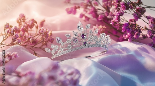 Silver tiara with delicate diamond settings, laid on a soft pastel background, perfect for a bridal theme.