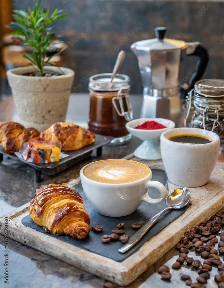 Rustic Coffee Bar Featuring a Freshly Brewed Espresso, Artisan Gluten-Free Pastries, and a Variety of Organic Condiments for a Cozy and Relaxing Morning Break Rustic Coffee Bar Featuring a Freshly Brewed Espresso, Artisan Gluten-Free Pastries, and a Variety of Organic Condiments for a Cozy and Relaxing Morning Break