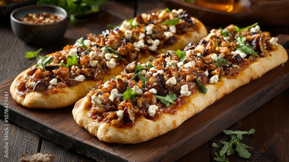 Two Flatbreads Topped with Fig, Goat Cheese, and Arugula Two Flatbreads Topped with Fig, Goat Cheese, and Arugula