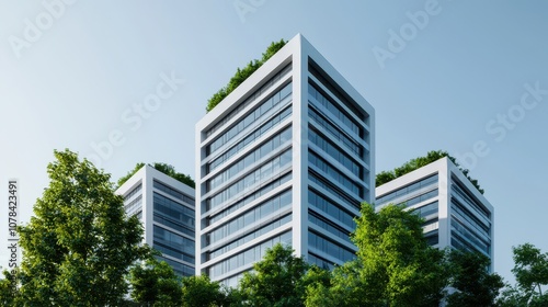 Modern skyscrapers with green terraces against a clear blue sky, emphasizing eco-friendly urban design.