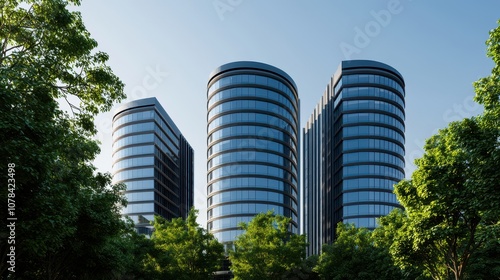 Modern skyscrapers with glass facades surrounded by greenery against a clear blue sky.