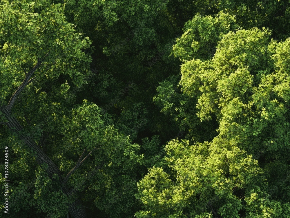 Close-up of dense, healthy foliage with sunlight filtering through the canopy. Close-up of dense, healthy foliage with sunlight filtering through the canopy.