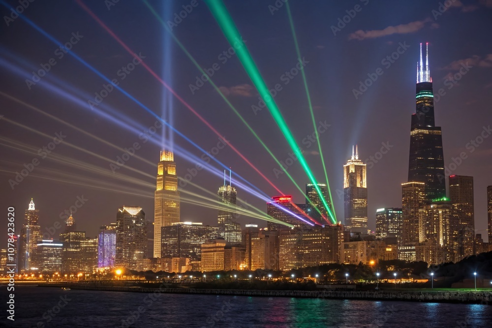 Fototapeta premium A Stunning Vibrant City Skyline at Night with Colorful Light Beams Creating a Digital Abstract Landscape Perfect for Modern Urban Aesthetics and Creative Projects