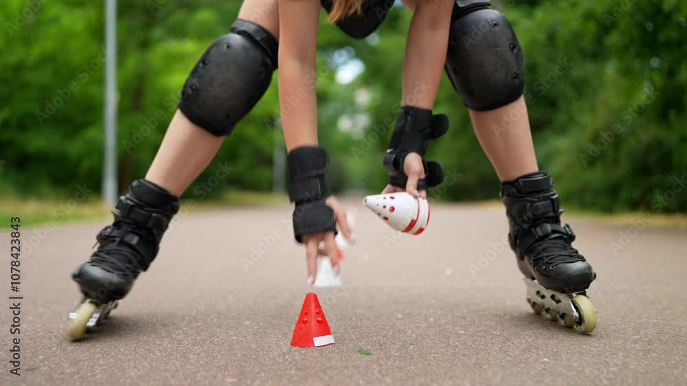 A girl in black roller skates sets up obstacles before her roller skating training in the park in the summer A girl in black roller skates sets up obstacles before her roller skating training in the park in the summer