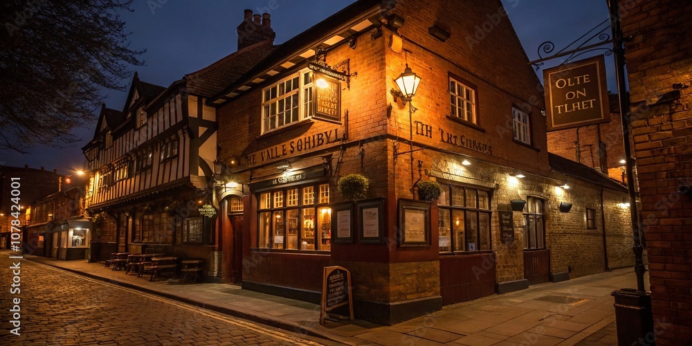 Fototapeta premium Atmospheric Low Light Photography of the Olde Trip to Jerusalem Pub in Nottingham, Capturing the Historic Charm and Warm Ambiance of the UK’s Oldest Inn