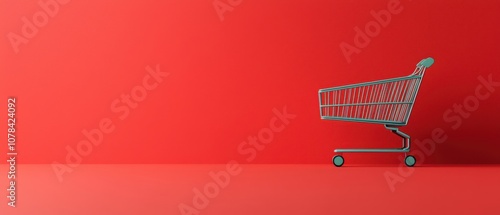 Shopping cart on a vivid red background, perfect for retail or e-commerce visuals. photo