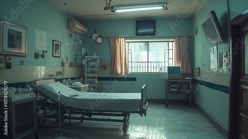 Empty hospital room with bed, medical equipment, window, and a television on the wall.