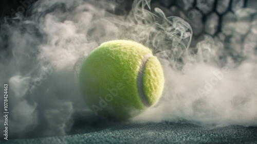 A tennis ball is sitting on a wet surface with steam rising from it photo