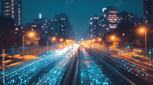 A city street at night with streetlights and digital data lines glowing in the dark