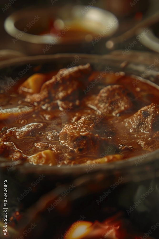 Pot with meat and sauce simmering for hours Pot with meat and sauce simmering for hours