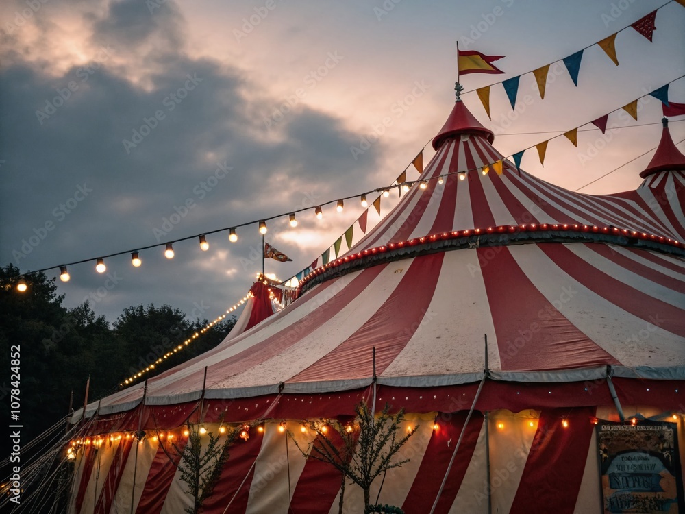 A Vibrant Circus Tent with Red and White Stripes, Colorful Flags, and Twinkling Lights, Evoking the Joy and Excitement of a Fun Carnival Atmosphere at Dusk A Vibrant Circus Tent with Red and White Stripes, Colorful Flags, and Twinkling Lights, Evoking the Joy and Excitement of a Fun Carnival Atmosphere at Dusk
