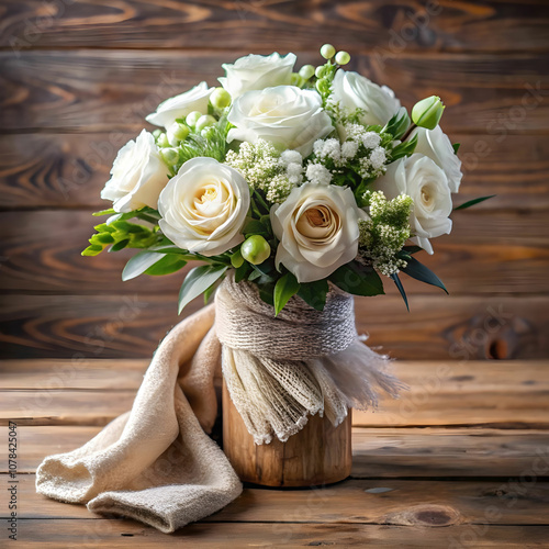 decorative white flower bouquet with scarf on wood