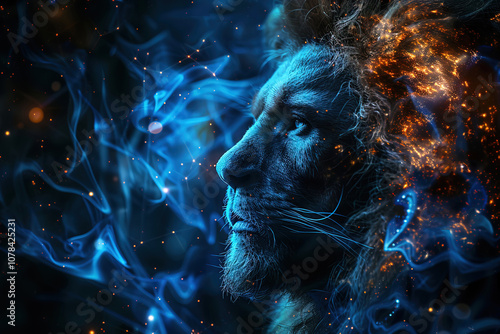 Leo predator with mane, man face symbol of constellation of zodiac horoscope of east, blue fiery neon background.