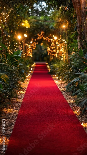  Vibrant red carpet at outdoor evening event, framed by lush greenery and ambient lighting, creating a warm, inviting atmosphere.