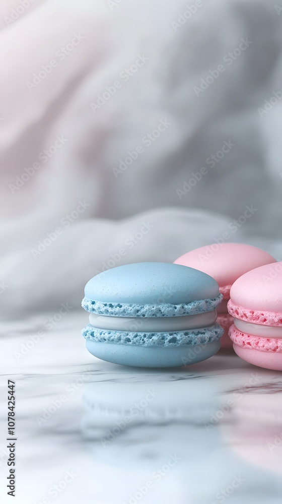 Close-up of three macarons in pastel pink and blue colors on a marble background, studio shot Close-up of three macarons in pastel pink and blue colors on a marble background, studio shot