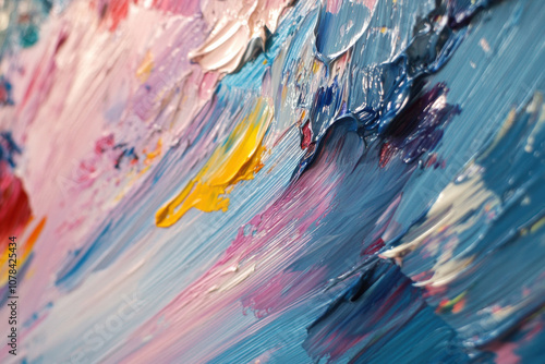 Close-Up of Blue, Yellow, and Purple Oil Paint Strokes Texture