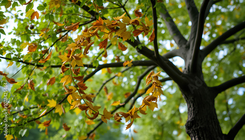 Leaves swirling down from a tree, symbolizing the seasonal change and the continuous cycle of life 