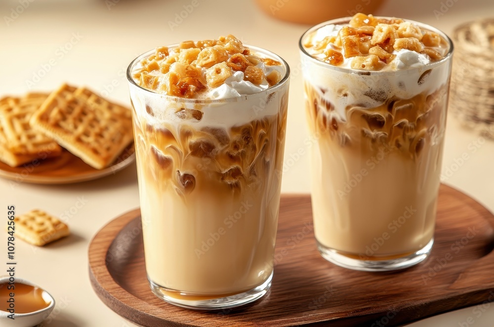 Chilled milk coffee with caramel and biscuit pieces Chilled milk coffee with caramel and biscuit pieces