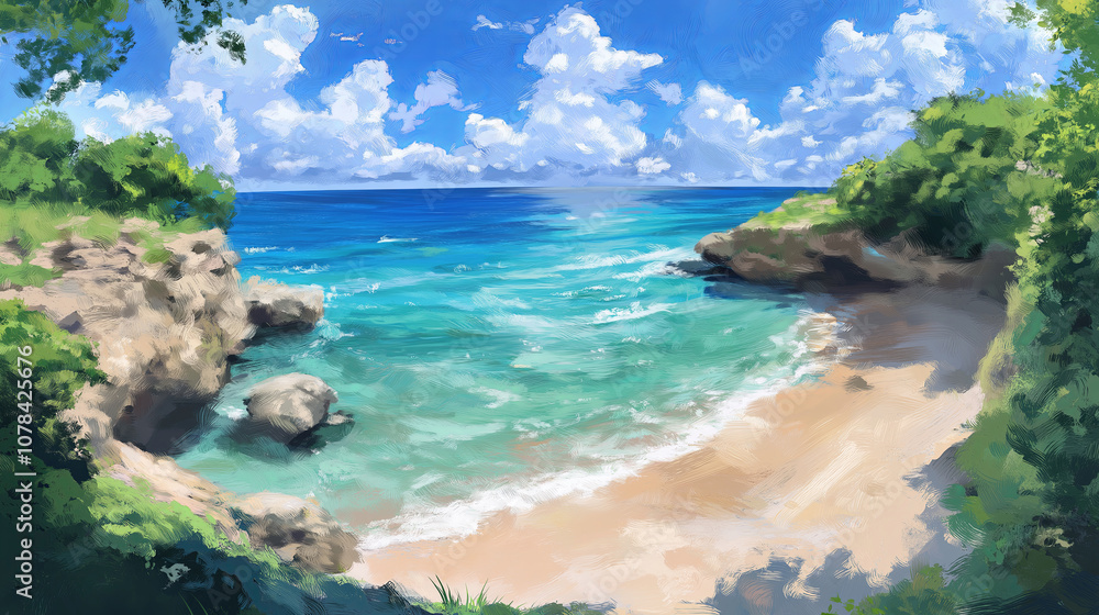 Panoramic View of a Cliffside Beach with Clear Blue Waters Panoramic View of a Cliffside Beach with Clear Blue Waters