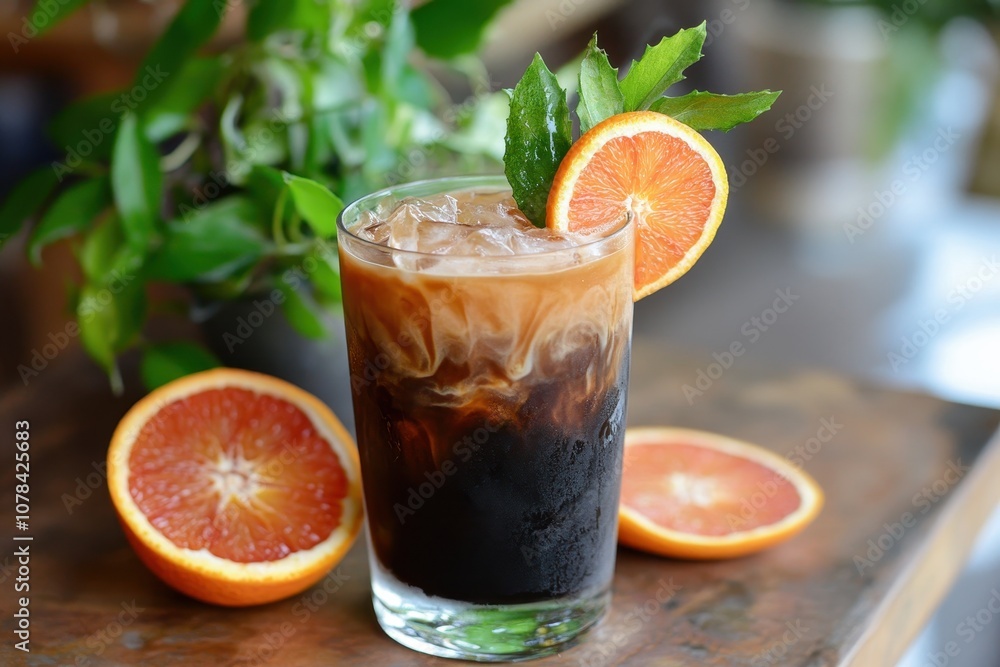 Fototapeta premium Chilled orange coffee garnished with peppermint and orange slices