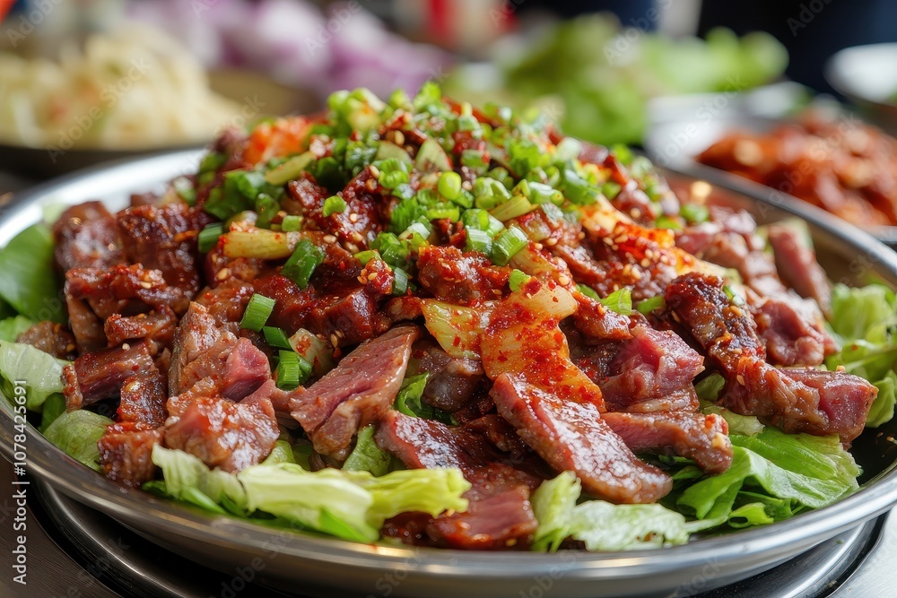 Chilled pork salad grilled over open flame Chilled pork salad grilled over open flame