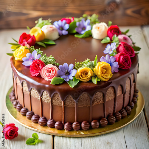 delicious chocolate cake with flowers