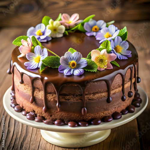 delicious chocolate cake with flowers