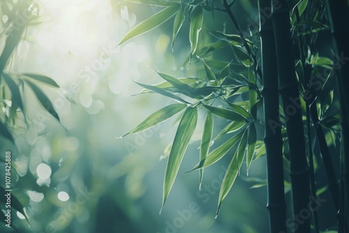 A close-up of bamboo leaves and stalks, with sunlight filtering through the greenery, creating an atmosphere of tranquility and nature's beauty. 