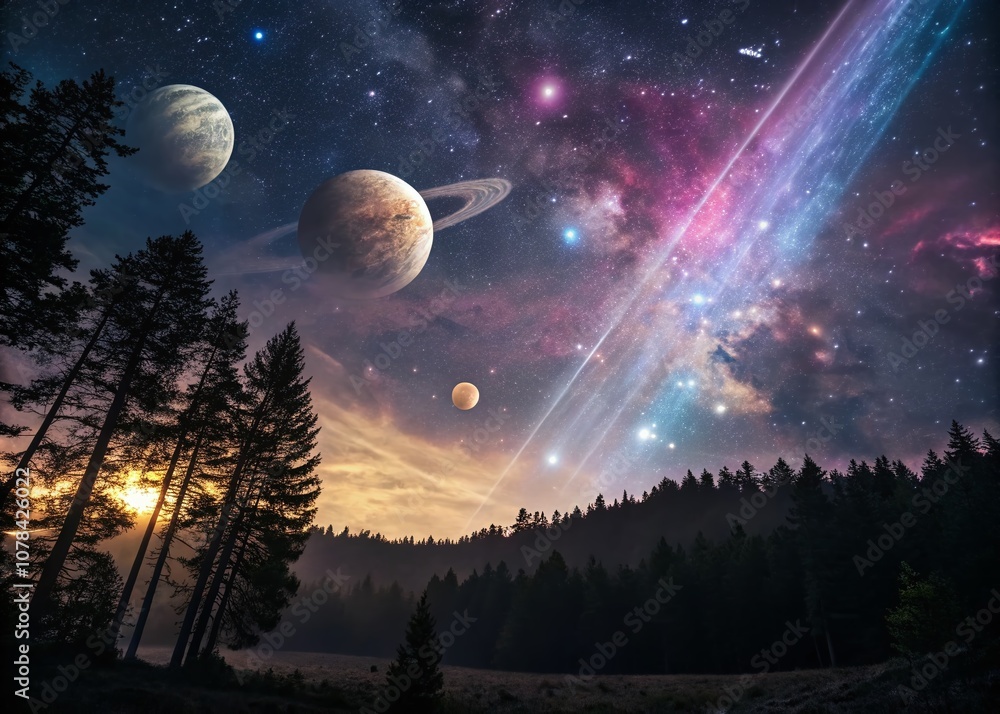 Awe-Inspiring Cosmic Scene of Planets Descending Through Colorful Beams of Light Amidst Nebulae and Star-Filled Galaxies for Stunning Conceptual Photography Awe-Inspiring Cosmic Scene of Planets Descending Through Colorful Beams of Light Amidst Nebulae and Star-Filled Galaxies for Stunning Conceptual Photography