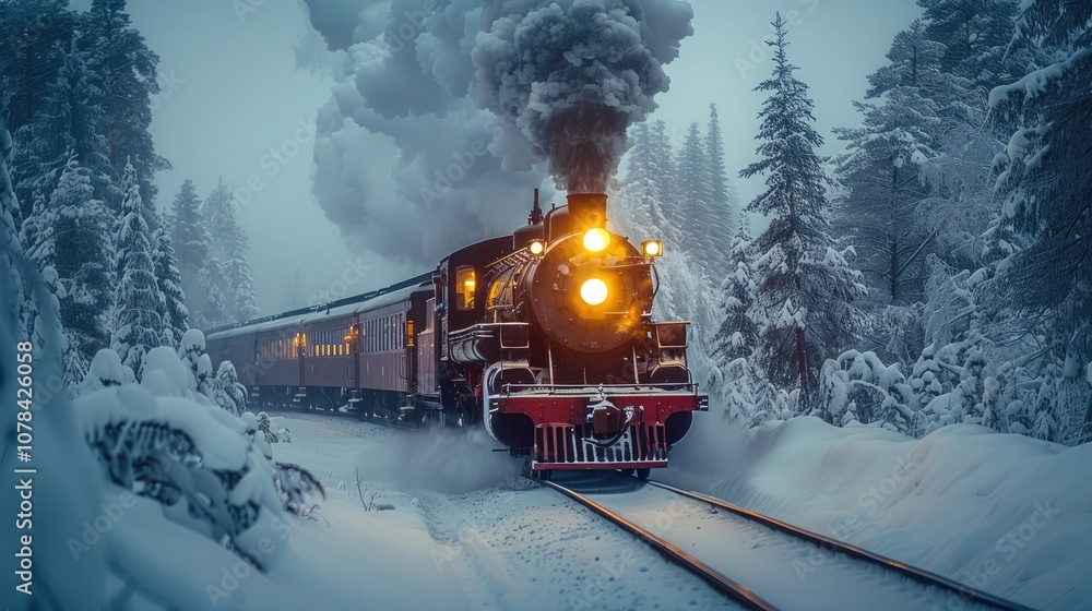 Naklejka premium A steam train with Christmas lights driving through the snow-covered forest, with a close-up of its headlight and smoke rising from its chimney. The background is a blue sky, with some white clouds.