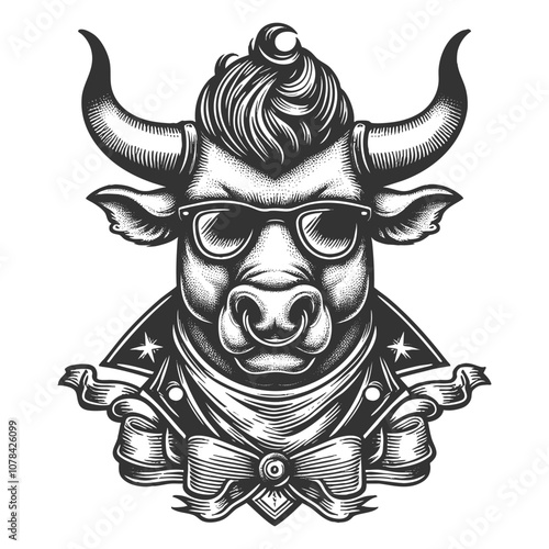 bull in sunglasses, bowtie, and leather jacket, portraying a stylish and rebellious look sketch engraving generative ai vector illustration. Scratch board imitation. Black and white image.