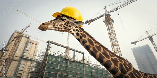 A whimsical portrait of a giraffe in a construction helmet, actively engaged at a building site, showcasing a playful blend of wildlife and construction themes, ideal for creative projects. photo